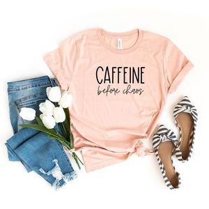 Caffeine Before Chaos Light Pink Graphic Tee NEW